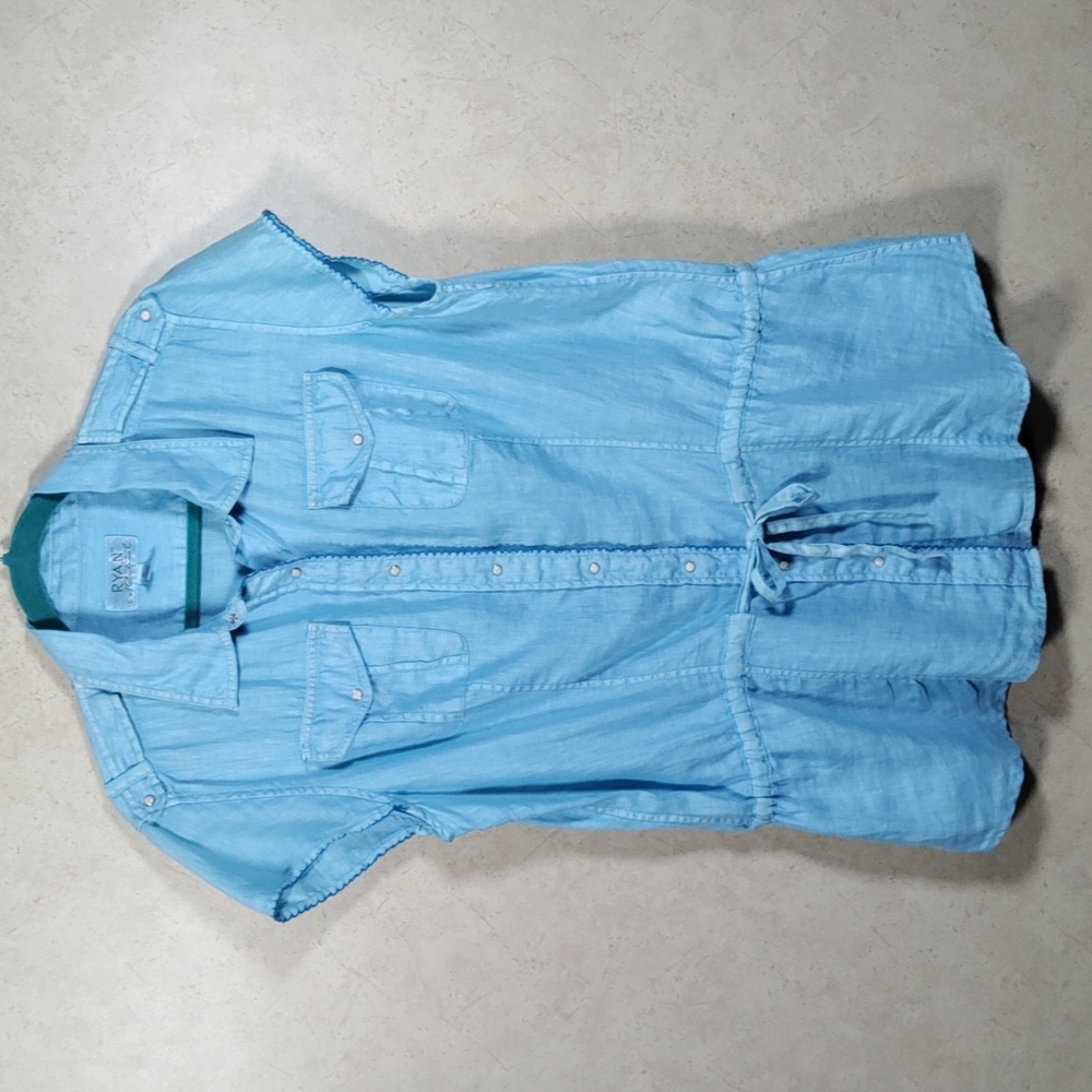H189 Ryan Michael turquoise linen Western pearl snap blouse XL